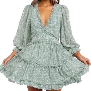 Dokotoo Women 2023 Spring Summer Deep V Neck Long Sleeve Floral Print Mini Dress